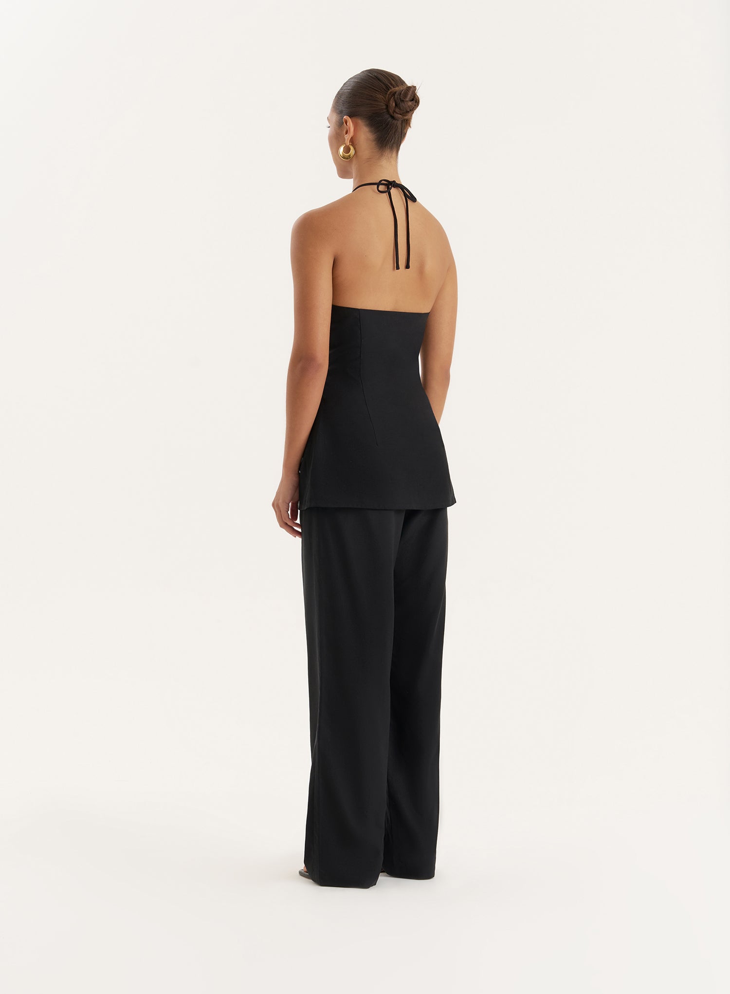 Black Linen Blend Halter Neck Top